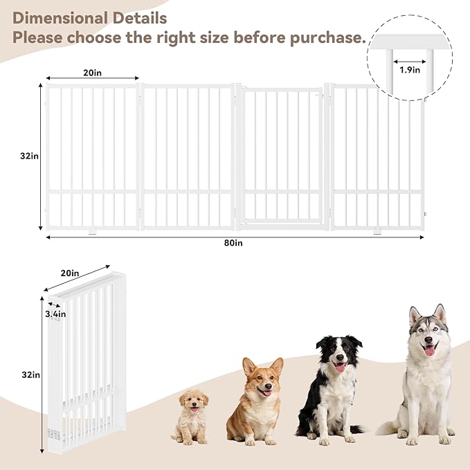 SNUOWU Full Metal Freestanding Dog Gate with Door, 32''Height Foldable Pet Dog Fence for Indoor & Outdoor, 4 Panels Extra Wide Free Standing TallDog Gates for Doorways,House,Stairs,Porch,Deck,Yard