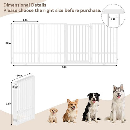 SNUOWU Full Metal Freestanding Dog Gate with Door, 32''Height Foldable Pet Dog Fence for Indoor & Outdoor, 4 Panels Extra Wide Free Standing TallDog Gates for Doorways,House,Stairs,Porch,Deck,Yard