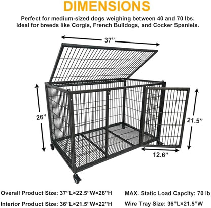 BOLDBONE 37 inch Heavy Duty Wire Dog Crate Cage Kennel for Large Dogs, High Anxiety Dog Crate with Removable Wire Trays and Wheels, Extra Large XL XXL