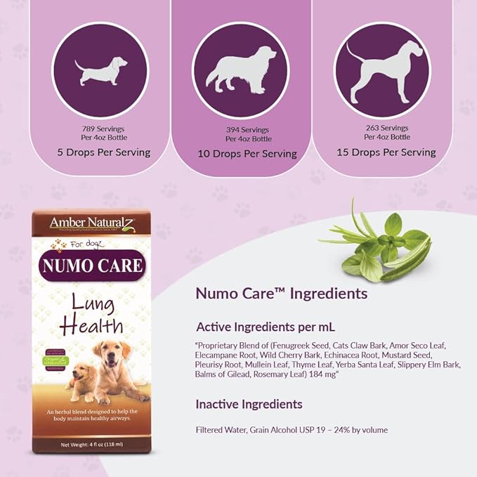 Amber NaturalZ Numo Care Respiratory Support for Dogs | Herbal Formula to Help Maintain Normal Lung Function, Clear Airways, and Immune Health | Natural Aid for Breathing Comfort 4 Fluid Ounce