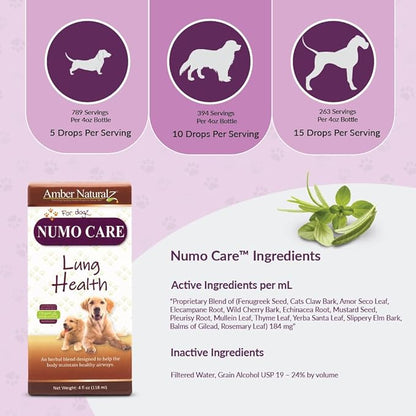 Amber NaturalZ Numo Care Respiratory Support for Dogs | Herbal Formula to Help Maintain Normal Lung Function, Clear Airways, and Immune Health | Natural Aid for Breathing Comfort 4 Fluid Ounce