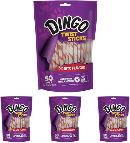 Dingo Twist Sticks Rawhide for Dogs,Made with Real Chicken,50 Count (Pack of 4)