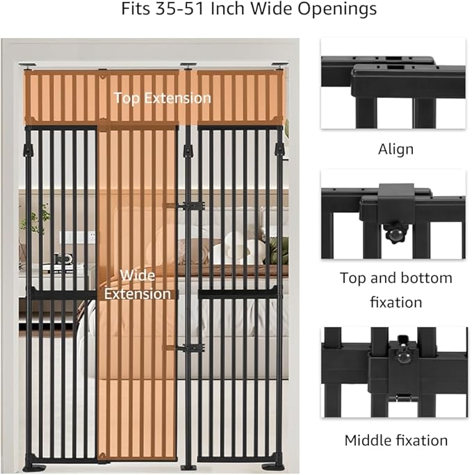 unipaws 86" High Extra Tall Cat Gate, Auto Closing and No Drilling Safety Gate for Doorway Hallway Stairs, Cat Dog Proof, Fit for 35"-51" Wide Opening, Indoor Use, Black