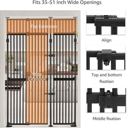unipaws 86" High Extra Tall Cat Gate, Auto Closing and No Drilling Safety Gate for Doorway Hallway Stairs, Cat Dog Proof, Fit for 35"-51" Wide Opening, Indoor Use, Black