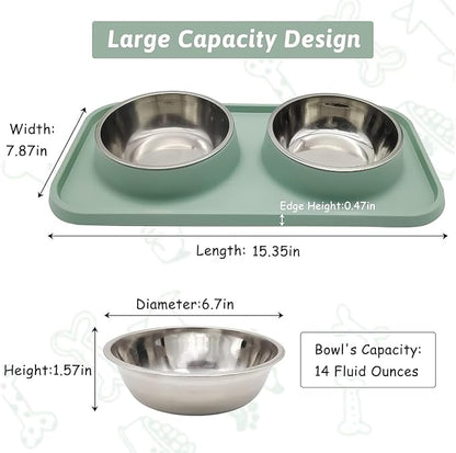 BNOSDM Double Dog Food Bowls Stainless Steel Dog Food and Water Bowls with Non-Spill Plastic Mat Pet Cat Feeder Bowl Set for Puppy Cats Kitten Small Medium Dogs Green