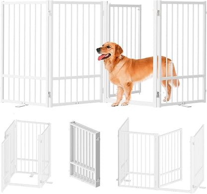 SNUOWU Full Metal Freestanding Dog Gate with Door, 32''Height Foldable Pet Dog Fence for Indoor & Outdoor, 4 Panels Extra Wide Free Standing TallDog Gates for Doorways,House,Stairs,Porch,Deck,Yard