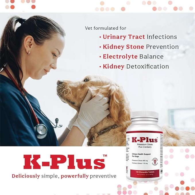 K-Plus Potassium Citrate Plus Cranberry Supplement for Dogs - UTI Remedy Chewable Tablets - Supports Bladder Health - For Every Dog Breed (100 Tabs)