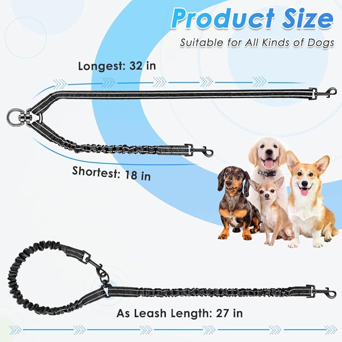 AUTOWT Double Dog Leash, No Tangle 360° Swivel Rotation Reflective Lead Attachment Bungee Extension Length Dual Two Dog Lead Splitter, Comfortable Shock Absorbing Walking Training for 2 Dogs
