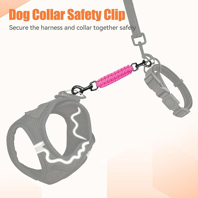 Dog Collar Safety Clip, Collar Companion, Handmade Backup Safety Strap, Double-Ended Clip Leash Connector, Suitable for Dog Harnesses, Prong, Pinch Collars (Pink, 1 Pack)
