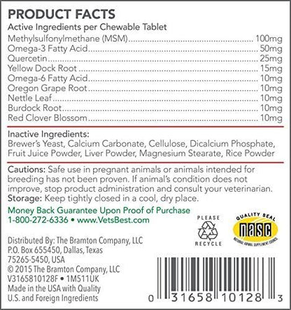 Vet's Best Healthy Coat Shed & Itch Relief Dog Supplements | Relieve Dogs Skin Irritation and Shedding Due to Seasonal Allergies or Dermatitis | 50 Chewable Tablets