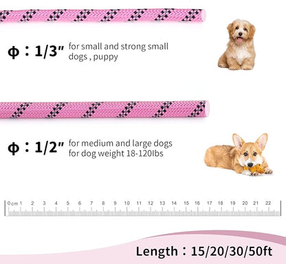 Long Dog Leash for Training 15Ft-Reflective Nylon Rope with Swivel Hook-Recall Agility Lead for Large Small Medium Dogs Outside Walking Hiking-Pink Diam 1/2"
