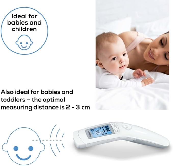 Beurer 3-in-1 Forehead Non-Contact, Body, Surface, Room Temperature, High Accuracy, Large Blue Backlit LCD Display Thermometer, 60 Memory Spaces, FT90 White, 32 Count (Pack of 1)