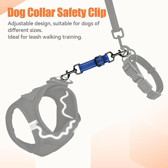 Dog Collar Safety Clip, Reflective Double-Ended Backup Connector for Harness to Collar, Adjustable Safety Clip for Prong, Pinch Collars, Prevents Escapes & Accidental Disconnection