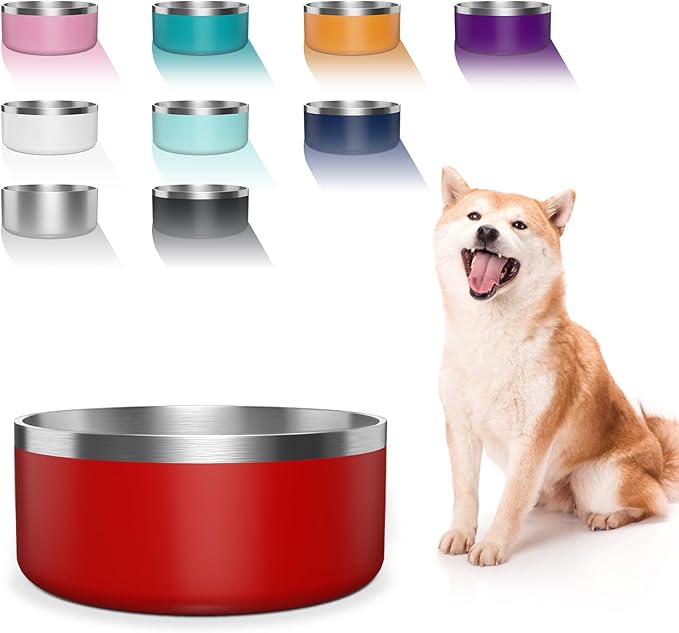 WENBOKMIN Dog Bowl, Stainless Steel Dog Food and Water Bowl with Non Slip Quiet Bottom, Easy to Clean, Dishwasher Safe, 64oz, Red