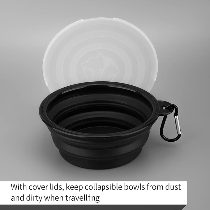 SLSON Dog Bowls Pet Collapsible Bowl with Cover Lids,2 Pack Dog Travel Bowls Portable Foldable Cat Water Dish Bowl for Pets Walking Parking Camping (Black and Black, Small)