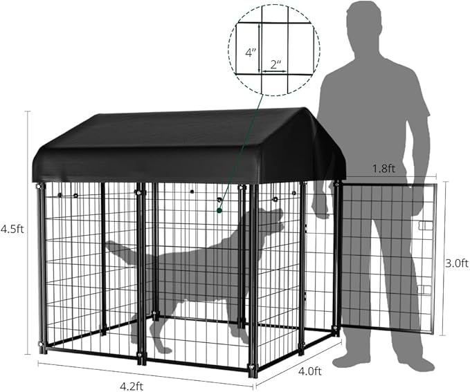 Dog Kennel Outside with Roof, 4'x4'x4.5' Outdoor Dog Kennels for Large Dogs, Heavty Duty Welded Dog Crate Playpen with UV-Resistant Waterproof Cover