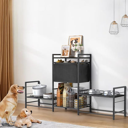 Elevated Dog Bowl Stand with 2 Feeding Stations, Adjustable Raised Feeding Station Cabinet with Toy Bin Basket, Lifted Food and Water Bowl Holder, Pet Storage Organizer for Large Medium Small Dogs