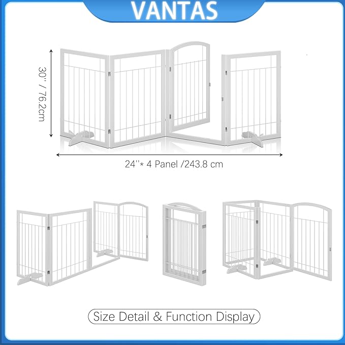 Vantas Folding Pet Gate 96" Wide, 30" Tall No-Assembly Metal Dog Gate, Freestanding Wire Pet Puppy Safety Fence, Extra Wide with 2PCS Support - White