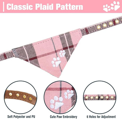 EXPAWLORER Dog Collar and Leash Set - Embroidery Pawprints Plaid Dog Collar and Dog Leash Set, Bow Tie and Bandana Dog Collar, Adorable Collar and Leash for Dogs Cats Outdoor Walking, Pink M