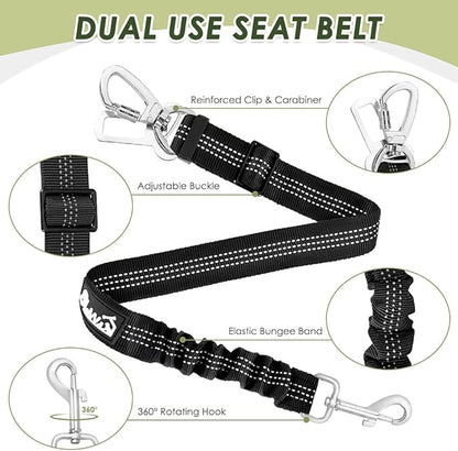 SlowTon Dog Seat Belt Harness for Car, Dog Car Harness Adjustable Mesh Breathable & Dog Seatbelt Safety Tether with Elastic Bungee for Small Medium Large Pets(Black, Double Clip, XXS)
