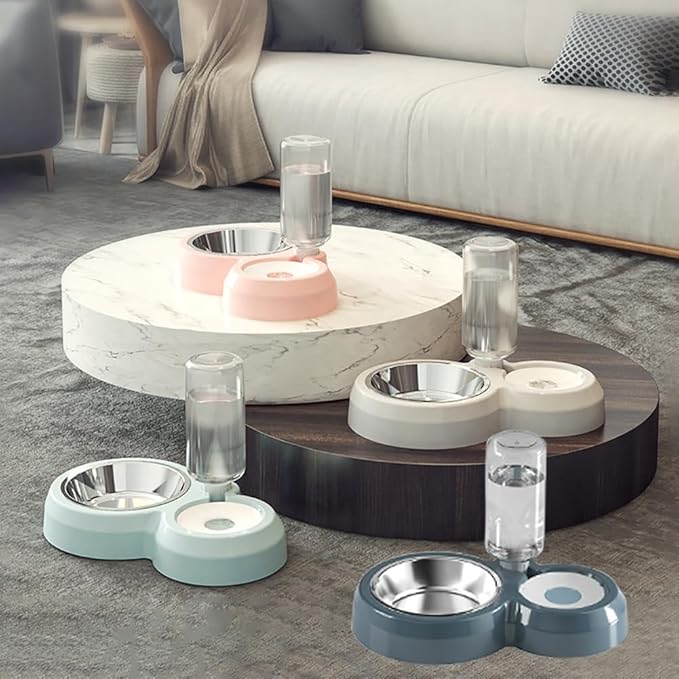Dog Bowls, Puppy Cat Food and Water Bowl Set with Water Dispenser and Stainless Steel Bowl Non-Slip Mat, Detachable Gravity Pet Feeder and Waterer Set for Cats Dogs Puppy Rabbit (Blue)