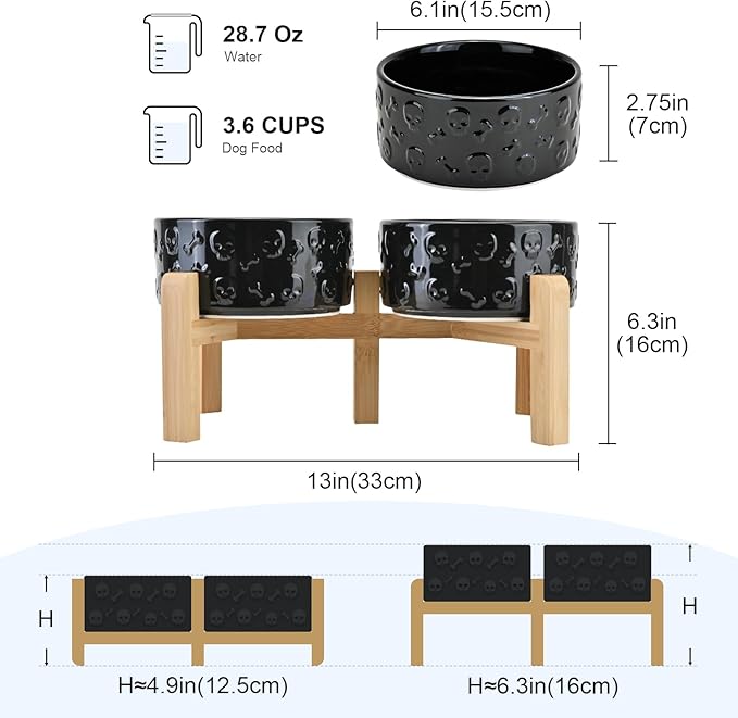 SPUNKYJUNKY Elevated Dog Bowls Ceramic, 6.1'' Dogs and Cat Food Water Bowls Raised with Non-Slip Bamboo Stand for Medium Sized Breed Microwave Dishwasher Safe - 28.7 OZ,Skull Black
