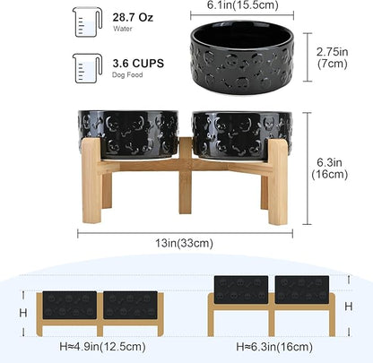 SPUNKYJUNKY Elevated Dog Bowls Ceramic, 6.1'' Dogs and Cat Food Water Bowls Raised with Non-Slip Bamboo Stand for Medium Sized Breed Microwave Dishwasher Safe - 28.7 OZ,Skull Black