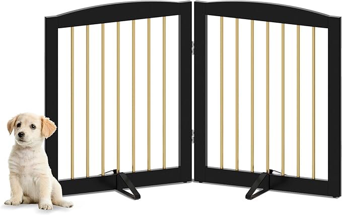 PUPETPO Freestanding Pet Gate for Dogs, Foldable Wooden Dog Gate for House, Stairs, Doorways, Step Over Pet Puppy Safety Fence,Support Feet Included,24" Height 2 Panels, Black&Gold