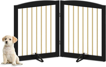 PUPETPO Freestanding Pet Gate for Dogs, Foldable Wooden Dog Gate for House, Stairs, Doorways, Step Over Pet Puppy Safety Fence,Support Feet Included,24" Height 2 Panels, Black&Gold