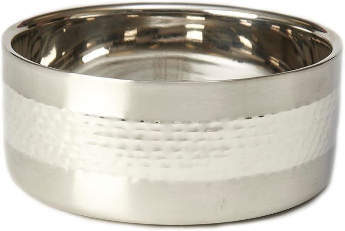 PetRageous 18437 Sanibel Stainless-Steel Hammered Double Walled Dog Bowl 7.87-Inch Width and 3.14-Inch Height 7.5-Cups Capacity, Metallic