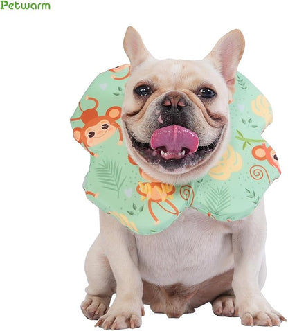 PetWarm Recovery Collar for Dogs, Dog Recovery Collar, Lightweight Pet Neck Protector with Memory Foam Padding, Gentle No-Lick Flower Design for Calm Rest and Travel, Monkey Print, Green, S
