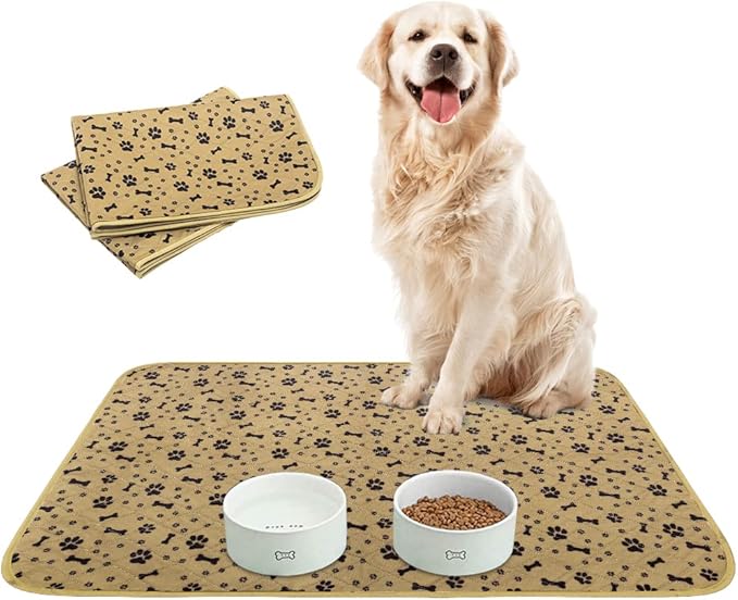 BINGPET Waterproof Dog Food Mat Non-Slip - 2 Pack Dog Bowl Mat Absorbent Pet Feeding Mats Washable Pee Pads for Puppies Cats, Bone & Paw Pattern 35.4" X 23.6"