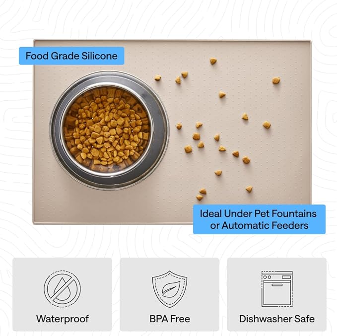 GORILLA GRIP 100% Waterproof Raised Edge BPA Free Silicone Pet Feeding Mat, Dog Cat Food Mats Contain Spills Protects Floors, Placemats for Cats and Dogs Water Bowl, Pets Accessories 23x15 Cream