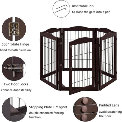 unipaws 132" Extra Wide Dog Gate and Pet Playpen, Free Standing Tall Dog Fence with Walk Through Door, Dog Barriers for Home, Use as Indoor Dogs Cats Pen, Rabbit Pen, Espresso
