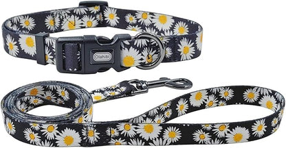 Dog Collar and Leash Set, Cute Daisy Pattern, Polyester Material, 5ft Leash, for Medium Dogs.(Medium,Black Daisy)