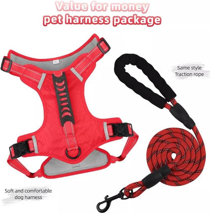 Dog Harness No Pull Adjustable Reflective,for Medium and Large Small Dog with Leash 59.06in (Red, L)
