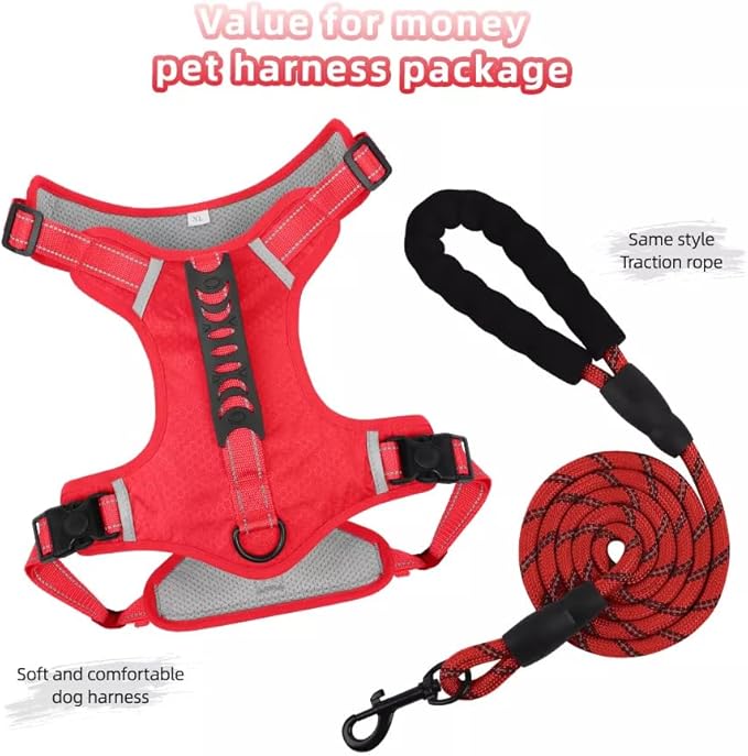 Dog Harness No Pull Adjustable Reflective,for Medium and Large Small Dog with Leash 59.06in (Red, S)