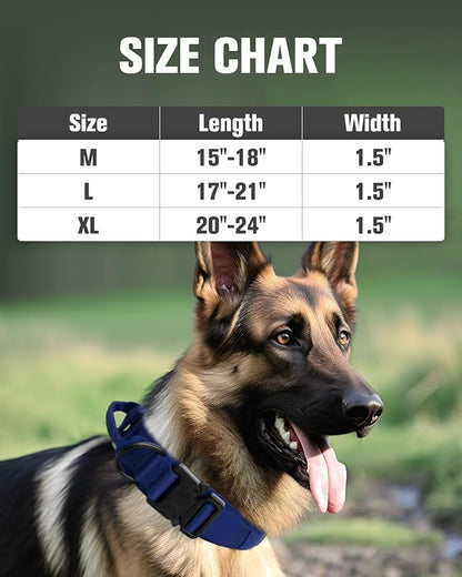 Joytale Tactical Dog Collar with Handle and Metal Buckle, Heavy Duty Padded Military Collar with 2 Patches for Training, Adjustable for Medium Dogs, Navyblue, M