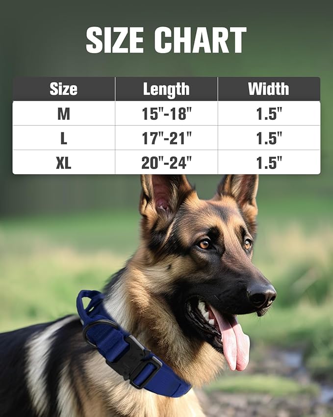 Joytale Tactical Dog Collar with Handle and Metal Buckle, Heavy Duty Padded Military Collar with 2 Patches for Training, Adjustable for Large Dogs, Navyblue, L