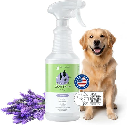 kin+kind Flea and Tick Prevention for Dogs – Plant Based Flea Spray with Rosemary, Lemongrass & Cedarwood Oil – Pet Supplies for Bugs and Pests – Flea & Tick Pet Spray Prevention - Lavender 32 fl oz