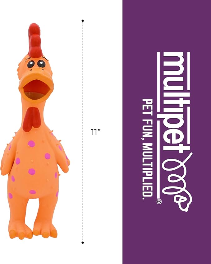 Multipet Polka Dot Globken Chicken Latex Dog Toy - Squeaky Toy for All Dogs - Easy-to-Clean Squeaky Toys - Latex Dog Toys for Playing (1 Count, 11.5”, Random Color Surprise)