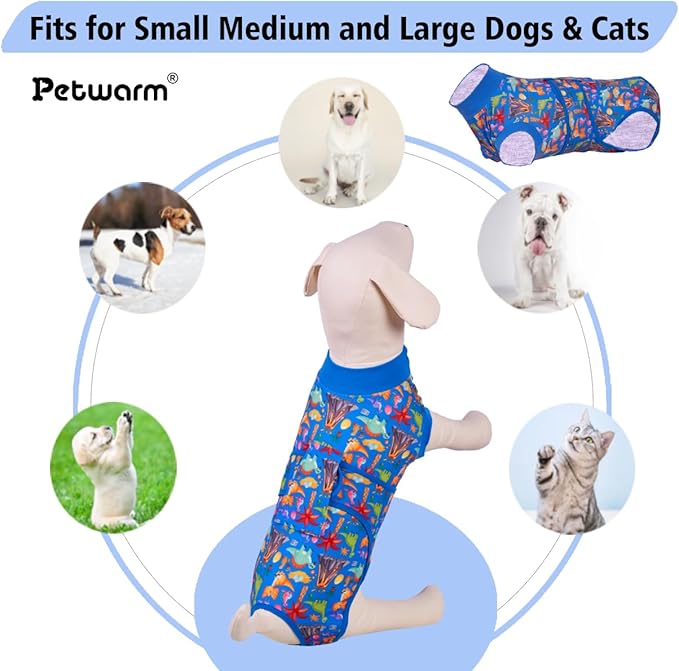 PetWarm Dog Recovery Substitute E-Collar Cone, Onesie for Dogs, Anti-Licking Dog Surgical Recovery Pajamas, Bodysuit for Abdominal Affected Areas Sensitive Skin Areas, Zoo Pattern, Blue, L