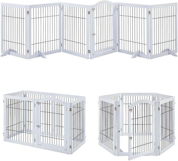 unipaws 144" Extra Wide Dog Gate and Pet Playpen, Free Standing Tall Dog Fence with Walk Through Door, Barriers for Home, Use as Indoor Dogs Cats Pen, Rabbit Pen, White