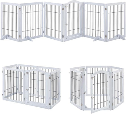 unipaws 144" Extra Wide Dog Gate and Pet Playpen, Free Standing Tall Dog Fence with Walk Through Door, Barriers for Home, Use as Indoor Dogs Cats Pen, Rabbit Pen, White