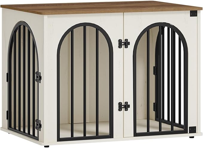 Hzuaneri 31.5'' Wooden Dog Crate Furniture, Indoor Dog Kennel Dogs Cage for Small/Medium Dogs, Heavy Duty Dog Crates Decorative Pet House End Side Table TV Stand, White Brown DFC85114B