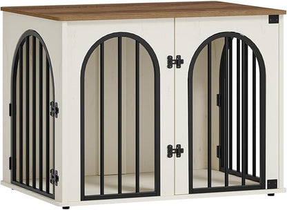 Hzuaneri 31.5'' Wooden Dog Crate Furniture, Indoor Dog Kennel Dogs Cage for Small/Medium Dogs, Heavy Duty Dog Crates Decorative Pet House End Side Table TV Stand, White Brown DFC85114B