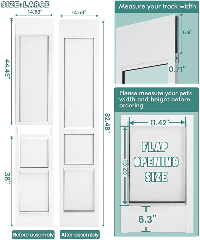 Dog Door for Sliding Glass Door - Large Doggy Door for Sliding Door Dog Door Insert - 78 3/8 Inch to 82 1/2 Inch Height Adjustable Pet Door with Lock - Openning Size: 11" W x 15.7" H