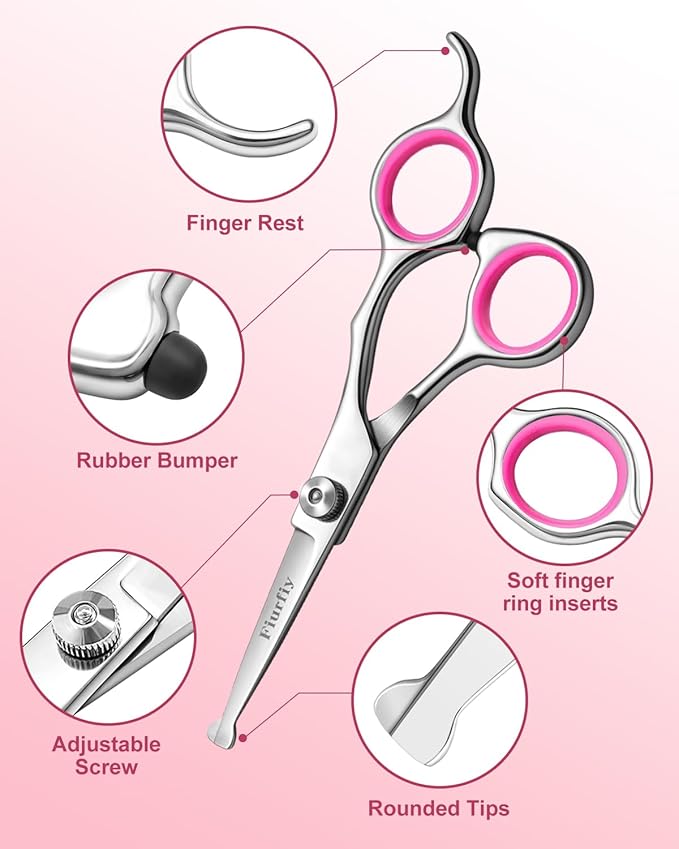 Furry Professional Pet Grooming Scissors with Safety Round Heads - 6 in 1 Curved Scissors for Dogs and Cats