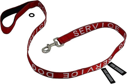 Albcorp Service Dog Leash - Embroidered- with Padded Neoprene Handle and Reflective threads, 4 Feet, for Harnesses, Vests or Collars, Red