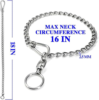 304 Stainless Steel Metal Chew Proof Dog Collar and Leash Extension - Anti Winding, Training and Walking (Small: 18in x 2.5mm, Neck Max 16in)